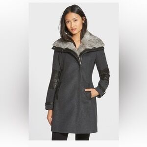 Andrew Marc Mara Genuine Rabbit Fur Wool and Leather Blend Coat Black Size 6